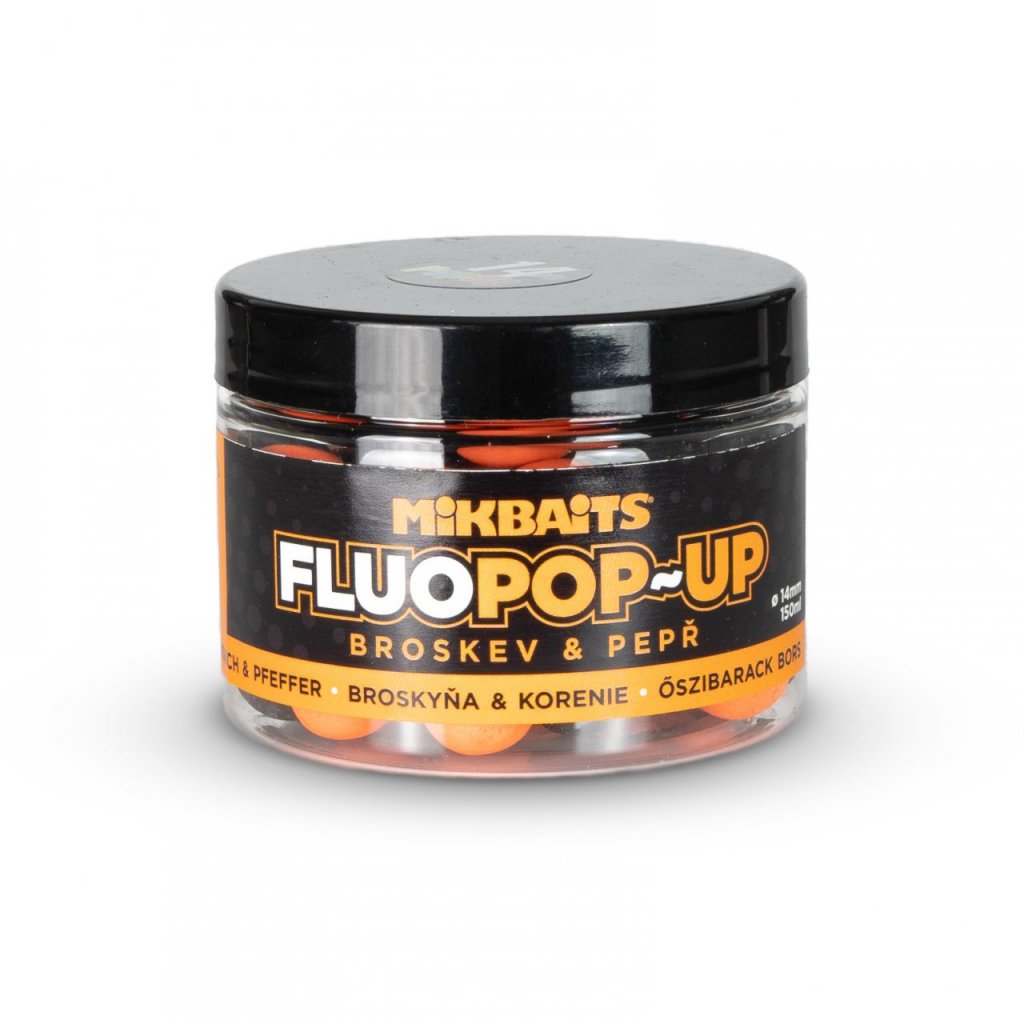 Mikbaits Plovoucí fluo boilie - Broskev a pepř 150ml