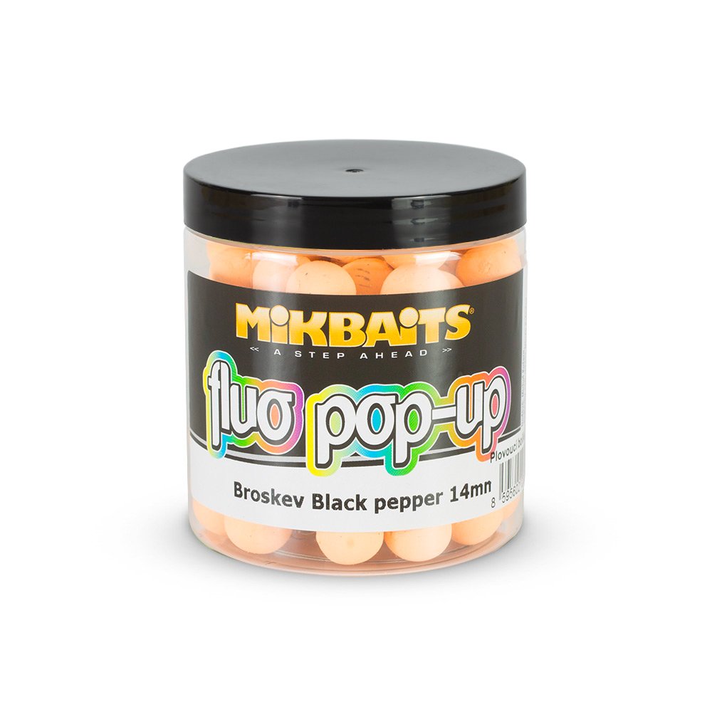 Mikbaits Plovoucí fluo boilie Broskev Black pepper 14mm, 250ml